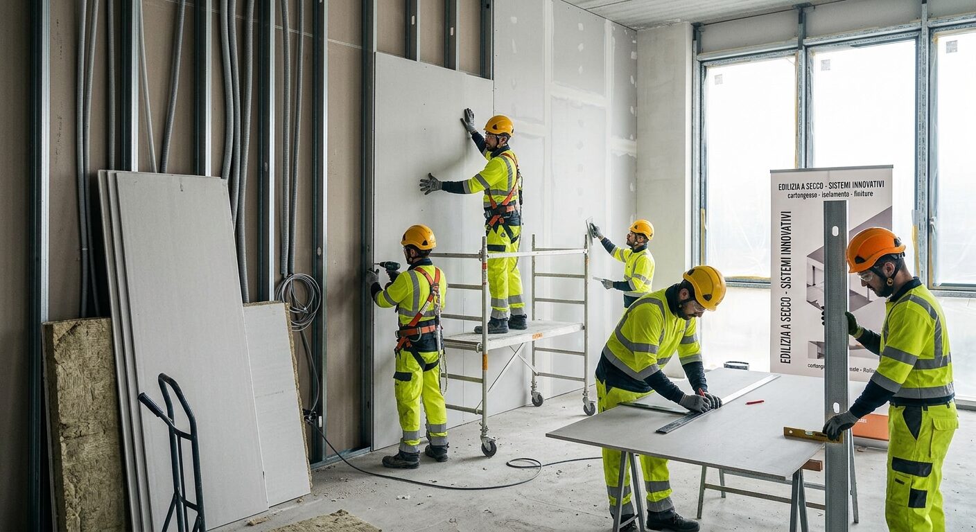 Montaggio di pareti divisorie in cartongesso in un cantiere Solution